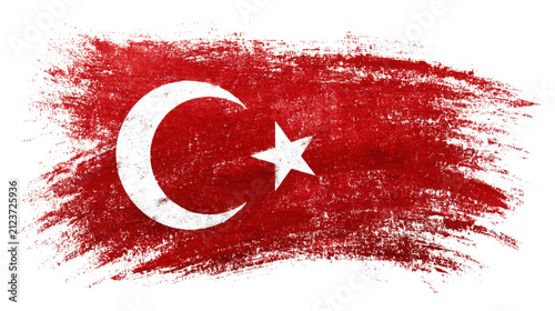 Grunge painted Turkish flag with crescent moon and star brush stroke texture isolated on white background