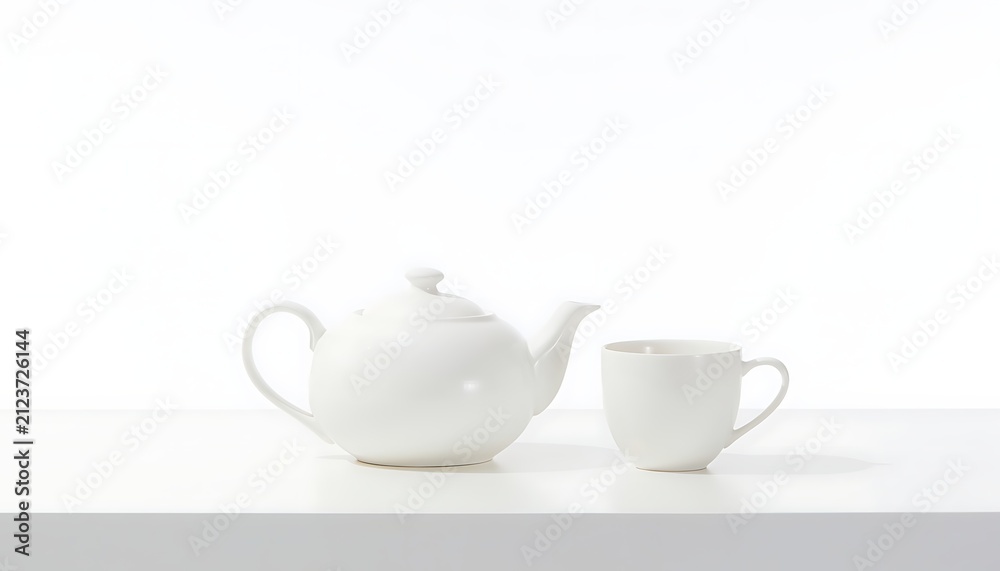 Fototapeta premium Minimalist white ceramic teapot and cup set on white background.