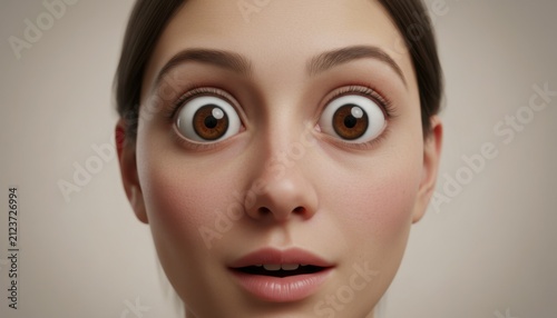 Close up portrait of cartoon style woman with wide brown eyes and open mouth expressing intense surprise or shock against neutral studio backdrop