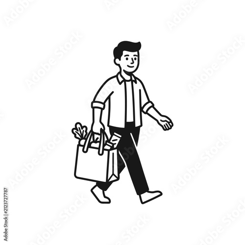 фотографія Man walks with shopping bags filled with purchases, depicting a successful shopping experience or errand completion