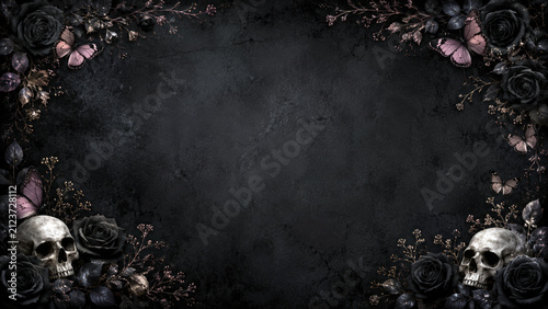 Dark Gothic Background with Human Skulls Black Roses and Purple Butterflies in Corners - Grunge Texture Frame for Halloween
