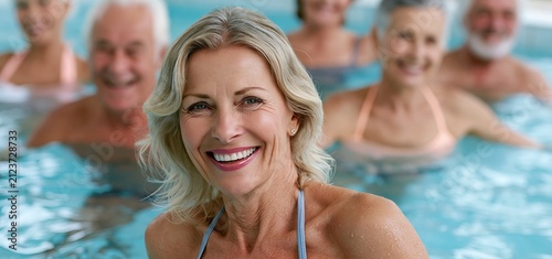 In a sunny pool environment, a lively group of seniors participates in an invigorating water fitness session, radiating happiness and health.