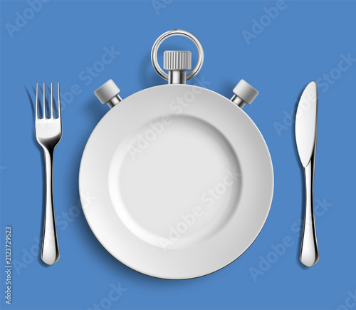 Empty plate as a sports timer with a fork and a table knife. Vector illustration