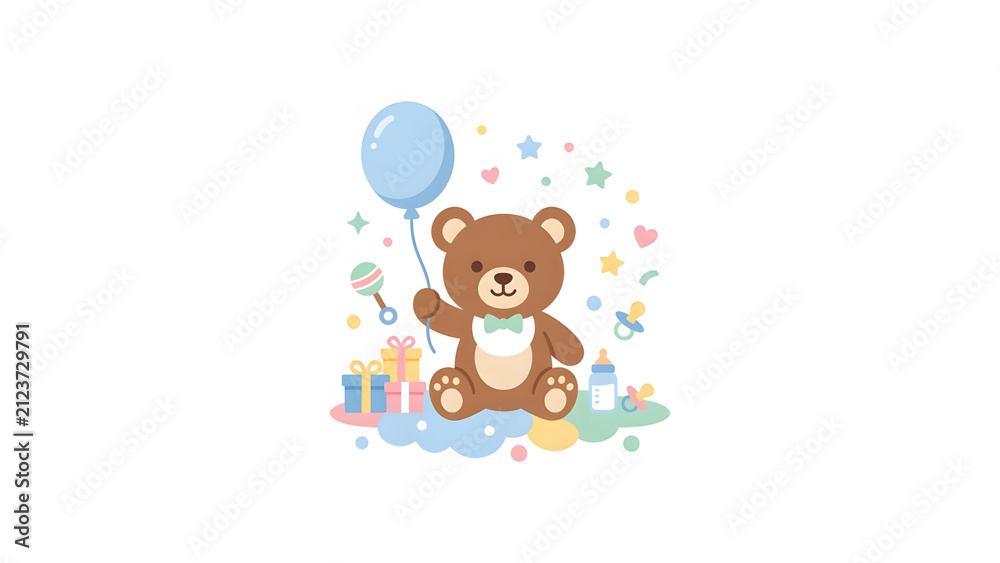 Fototapeta premium Cute teddy bear with baby essentials for newborn celebration