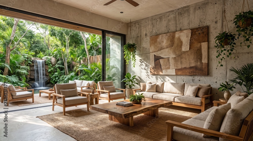 Fototapeta premium Luxury modern tropical villa living room with wooden furniture opening to garden and waterfall
