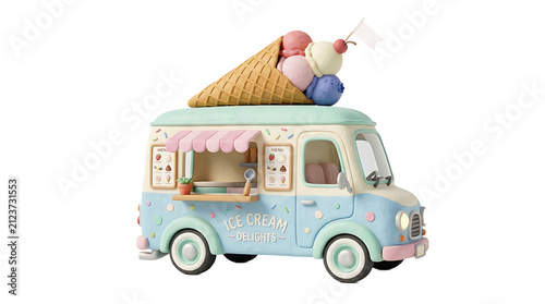 Cute Ice Cream Truck with Colorful Scoops and Cone - Isolated