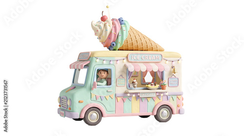 Cute Ice Cream Truck with Person and Giant Ice Cream Cone on Top