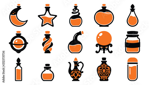Obraz na plátne Set of decorative halloween potion bottles and magical elixir containers for spo