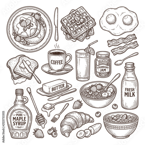 Hand drawn breakfast food collection featuring pancakes waffles eggs bacon coffee and various morning meal items