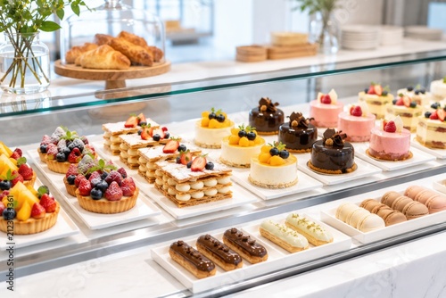 French pastry display case with colorful gourmet desserts cakes and tarts in bakery shop.