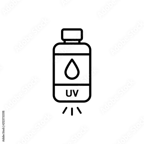 Minimalist line icon of a liquid UV resin bottle with light rays for SLA and DLP resin 3D printing technology.