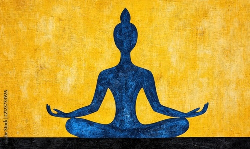Meditative Blue Silhouette On Textured Gold Backdrop With Black Base Illustration