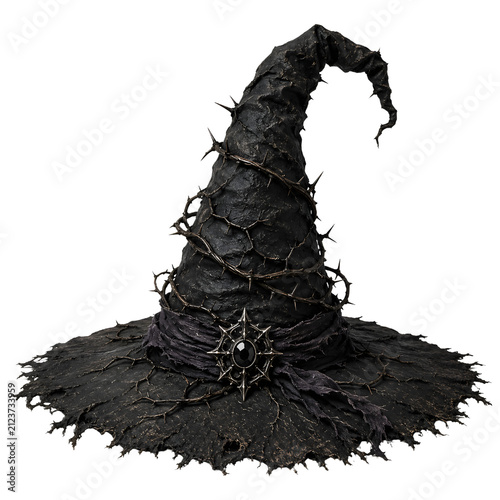 Old pointed witch hat wrapped with thorny vines isolated on transparent background.