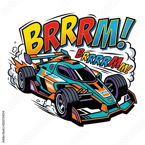 Stylized Colorful Open Wheel Race Car Illustration in Comic Style