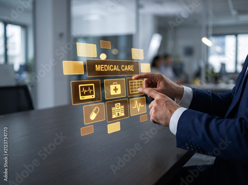 Professional man using digital medical care interface displaying healthcare icons such as heart rate pharmacy and hospital location in office room.