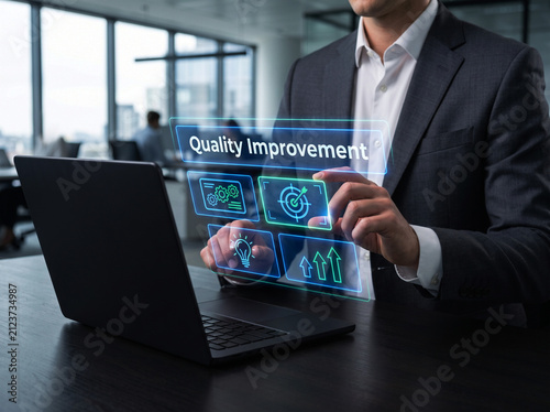 Male professional using quality improvement interface featuring target icons and light bulbs for innovation and growth strategy on virtual screen.
