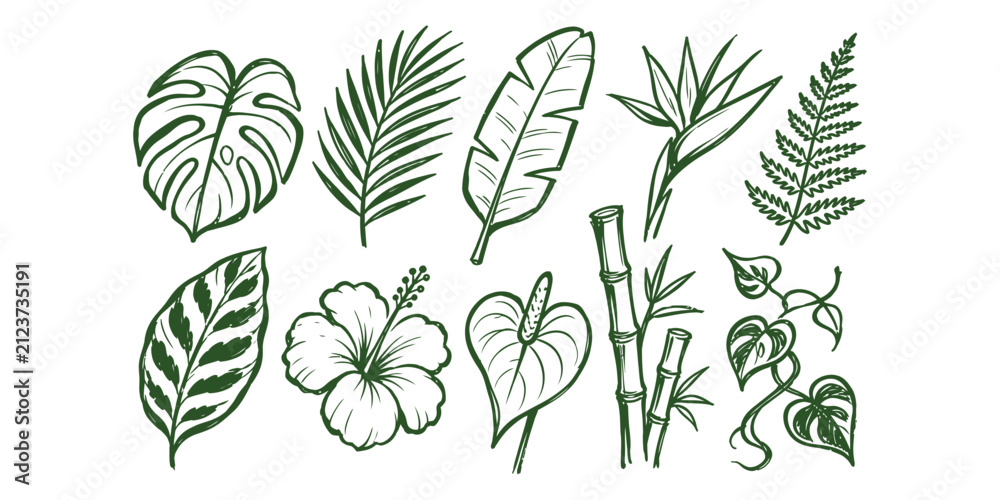 Naklejka premium Tropical leaves and exotic flowers botanical doodle element collection set, Vector Illustration