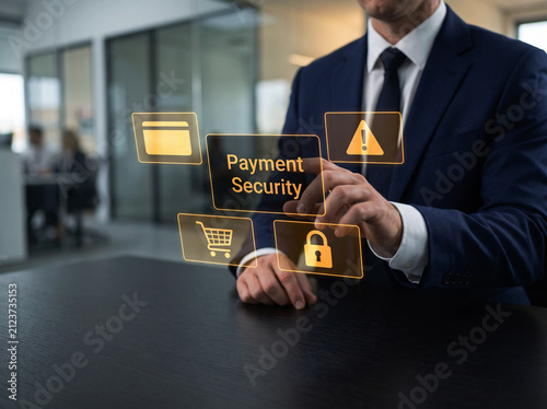 Financial manager hand reaching towards digital display for payment security management system inside office environment ensuring transaction protection.