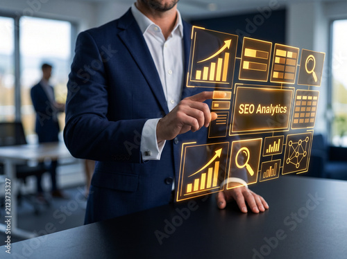 Businessman interacting with digital seo analytics screen in modern office environment showing business growth strategy and data visualization concepts.
