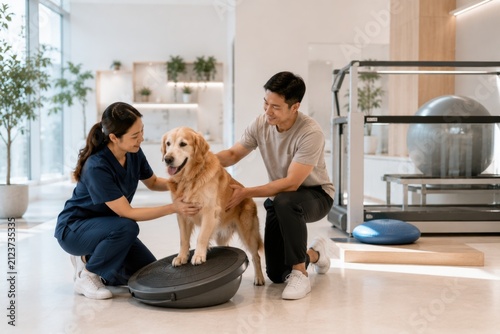 Female vet therapist assisting Golden Retriever dog balancing on inflatable rehab cushion.
