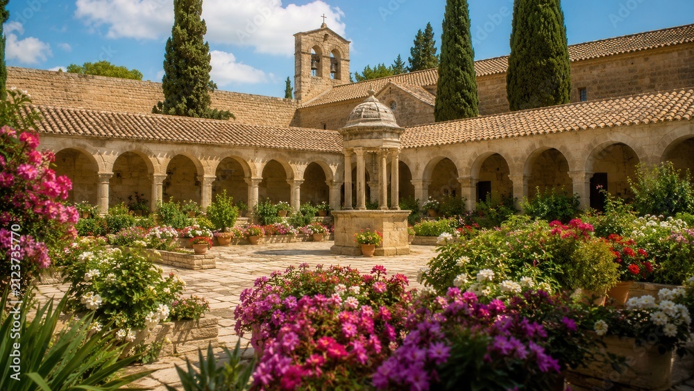 Obraz premium Historic monastery courtyard with blooming flower garden and ancient stone architecture under sunny blue sky
