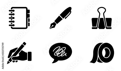Konstfotografi Stationery icons for notebook, pen, and binder clip, outline solid styles, UI an