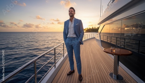 Confident man in light blue linen suit standing on luxury yacht deck during sunset with tropical island and golden sky in background