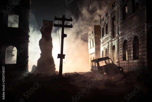 Nuclear war apocalypse concept. Explosion of nuclear bomb in city. City destroyed by atomic war. Creative artwork decoration in dark.