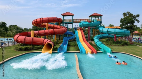 Vibrant Water Park with Exciting Slides and Clear Blue Pool in Summer Sunshine