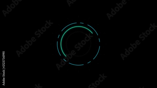 Futuristic Glowing Cyan Digital Loading Circle Interface Element on a Dark Black Background for High Tech HUD Design