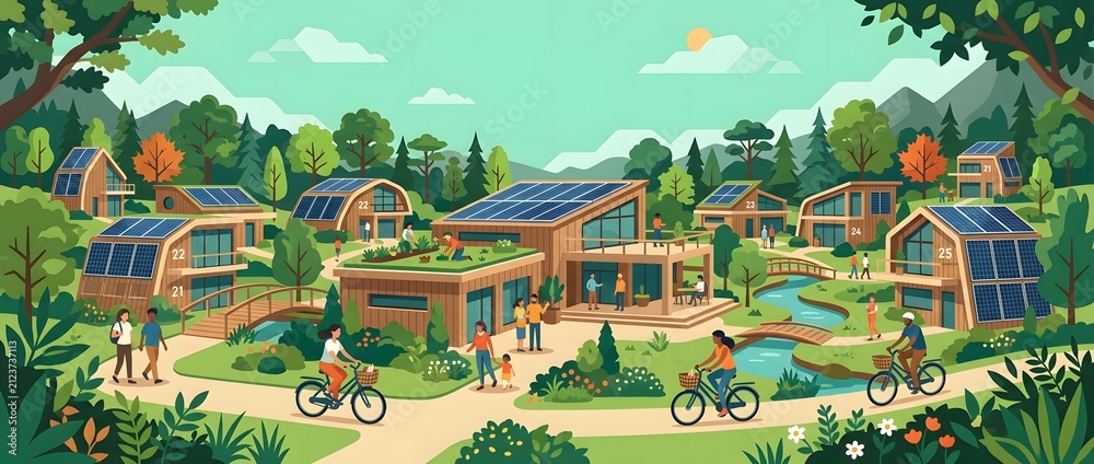 Obraz premium Sustainable eco village with solar powered homes and green living