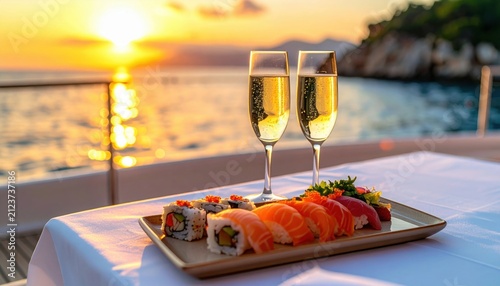 Platter of assorted sushi and two glasses of sparkling wine on white table cloth overlooking sunset on ocean from luxury yacht deck