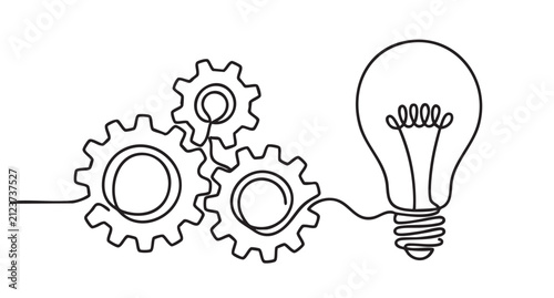 Continuous Line Drawing Of Interconnected Gears And A Light Bulb Symbolizing Mechanical Innovation Creativity And Engineering Problem Solving