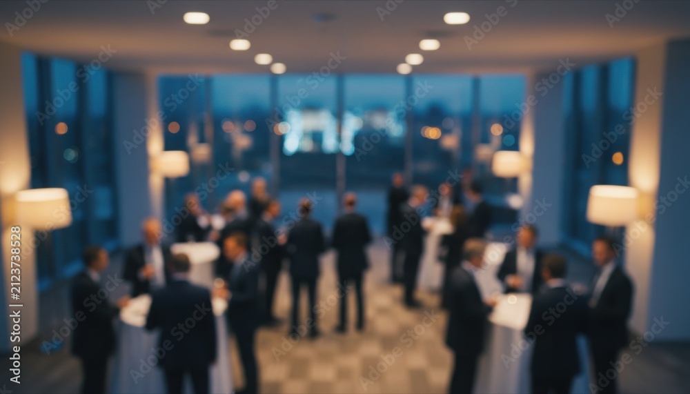 Fototapeta premium Group of blurry people in formal business suits network during professional corporate cocktail event inside modern brightly lit office space