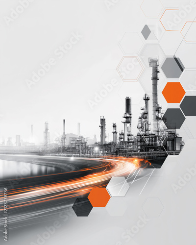 Industrial chemical plant and highway traffic light trails with orange geometric hexagon graphic design background.