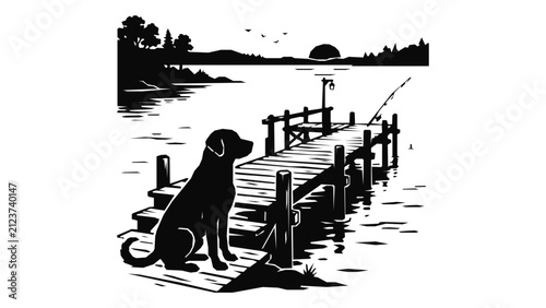 Loyal dog patiently waits on a wooden dock by a serene lake at sunset.