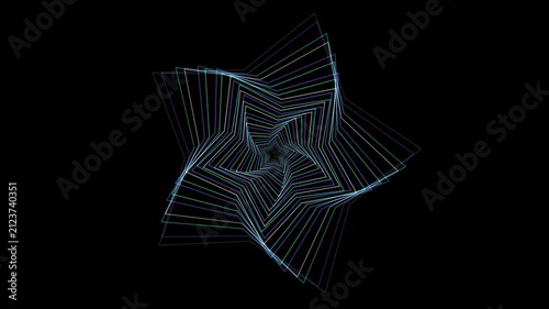 Abstract neon geometric star shape with glowing digital lines creating a futuristic tunnel effect on a black background