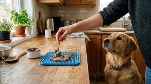 Hands filling lick mat with pet food create a clear feeding scene focused on stimulation, routine care, and practical home wellness for animal companions.
