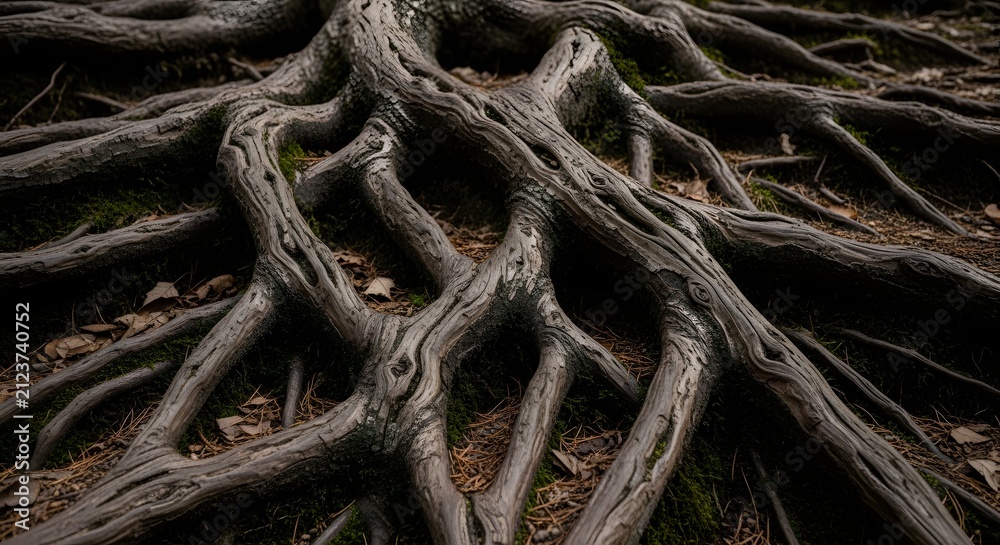 Fototapeta premium Exposed Intertwined Tree Roots Creating an Organic Natural Forest Surface Texture with Intricate Patterns