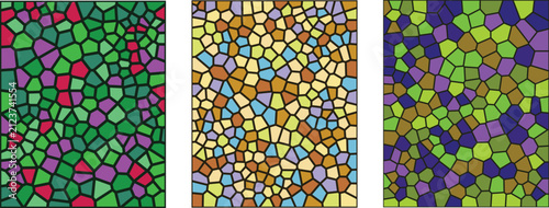A collection of three vibrant abstract backgrounds featuring a detailed stained glass mosaic pattern with colorful geometric shapes and artistic textures for creative design projects
