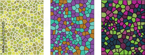 A vibrant stained glass mosaic pattern featuring three distinct panels with colorful geometric shapes and intricate textures perfect for artistic backgrounds and creative design projects