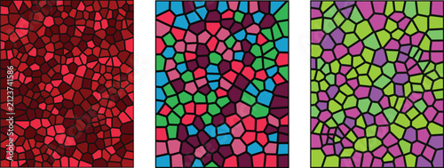A vibrant digital illustration featuring a colorful stained glass mosaic pattern with three distinct vertical panels showcasing abstract geometric shapes and bright artistic texture designs