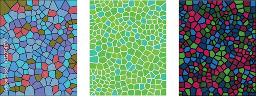 A vibrant digital art collection featuring a stained glass mosaic pattern with colorful geometric tiles in blue green and dark multicolored themes for creative backgrounds