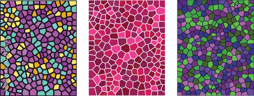 A vibrant collection of three diverse artistic backgrounds featuring a stained glass mosaic pattern with intricate geometric shapes and colorful textures for creative design projects