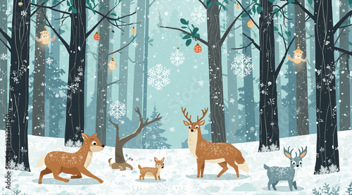 A festive winter forest landscape with cute deer and ornaments in a serene turquoise-blue woodland setting. Suitable for fairy tales, wallpaper, wrapping paper.