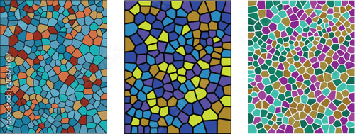 A vibrant digital art collection featuring a stained glass mosaic pattern with three distinct vertical panels showcasing colorful geometric shapes and intricate abstract glass textures