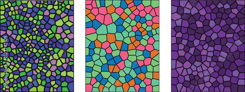 A vibrant set of three panels featuring a detailed stained glass mosaic pattern with colorful geometric shapes and artistic textures for modern decorative background design projects