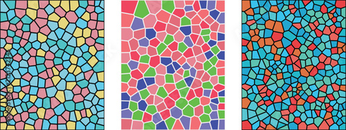 A vibrant digital illustration featuring a stained glass mosaic pattern with colorful geometric shapes arranged in three distinct vertical panels for modern artistic background designs