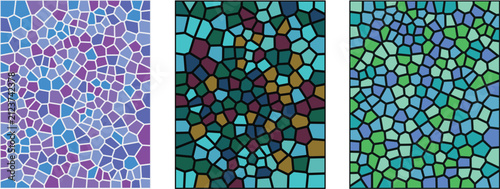A beautiful stained glass mosaic pattern featuring three distinct panels with vibrant blue purple and green geometric shapes creating a decorative artistic background texture design