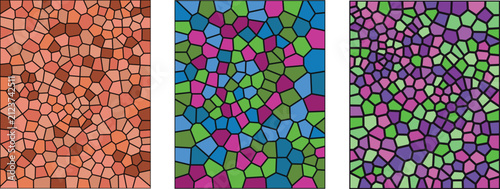 A vibrant collection of three distinct artistic backgrounds featuring a stained glass mosaic pattern with colorful geometric shapes and intricate textures for creative design projects